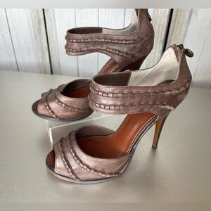 Leon Max Braided Leather Peep Toe Heels Distressed Brown Size 9